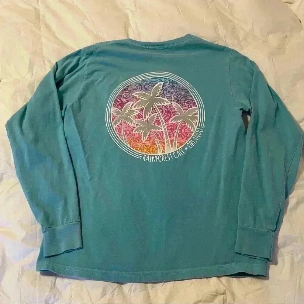 Rainforest Café, long sleeve shirt, comfort colors, teal blue, super soft size S